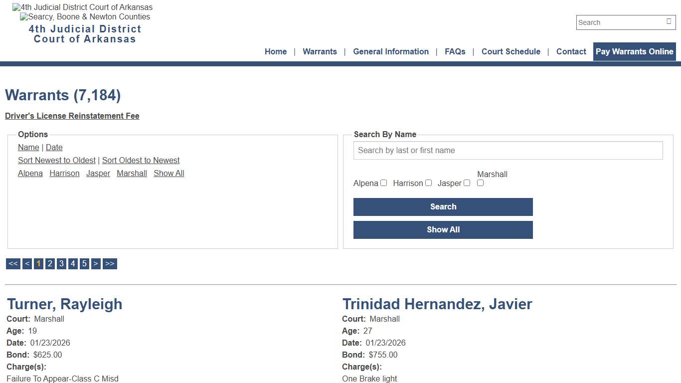 Warrants - Page 1 - Warrant Date - Descending - 4th Judicial District Court of Arkansas